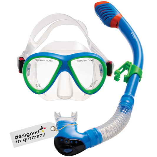 DYNAMICNORD - Kinder Schnorchelset – Designed in Germany – Profi Silikon 2er Set Tauchset Schnorchelset für Kinder (Taucherbrille, Trocken Schnorchel & Netztasche) mit Dry Schnorchel & Sicherheitsglas