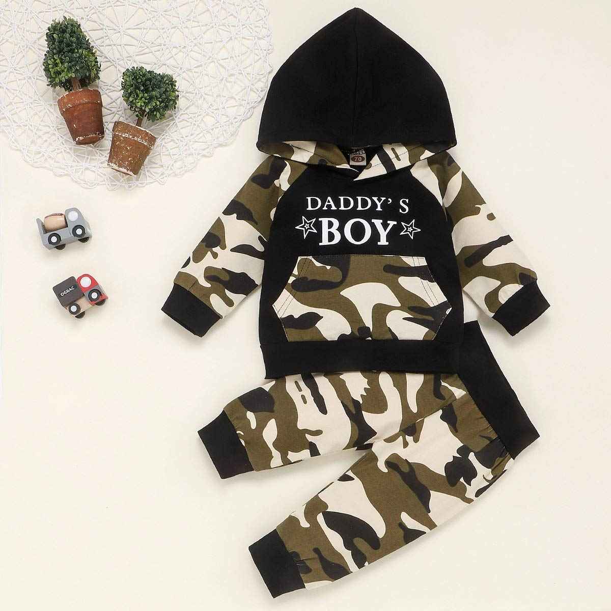 Juflam Baby Boy Camouflage Outfits Set Langarm Daddy's Boy Camo Hoodie Top mit Tasche + Hose