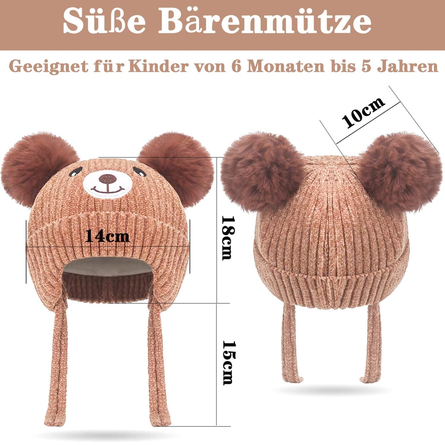 KEELYY Baby Mütze Beanie Strickmütze Herbst Wintermütze Süßer Hut mit Earflap und Bindebändern Warm Hat für Jungen Mädchen