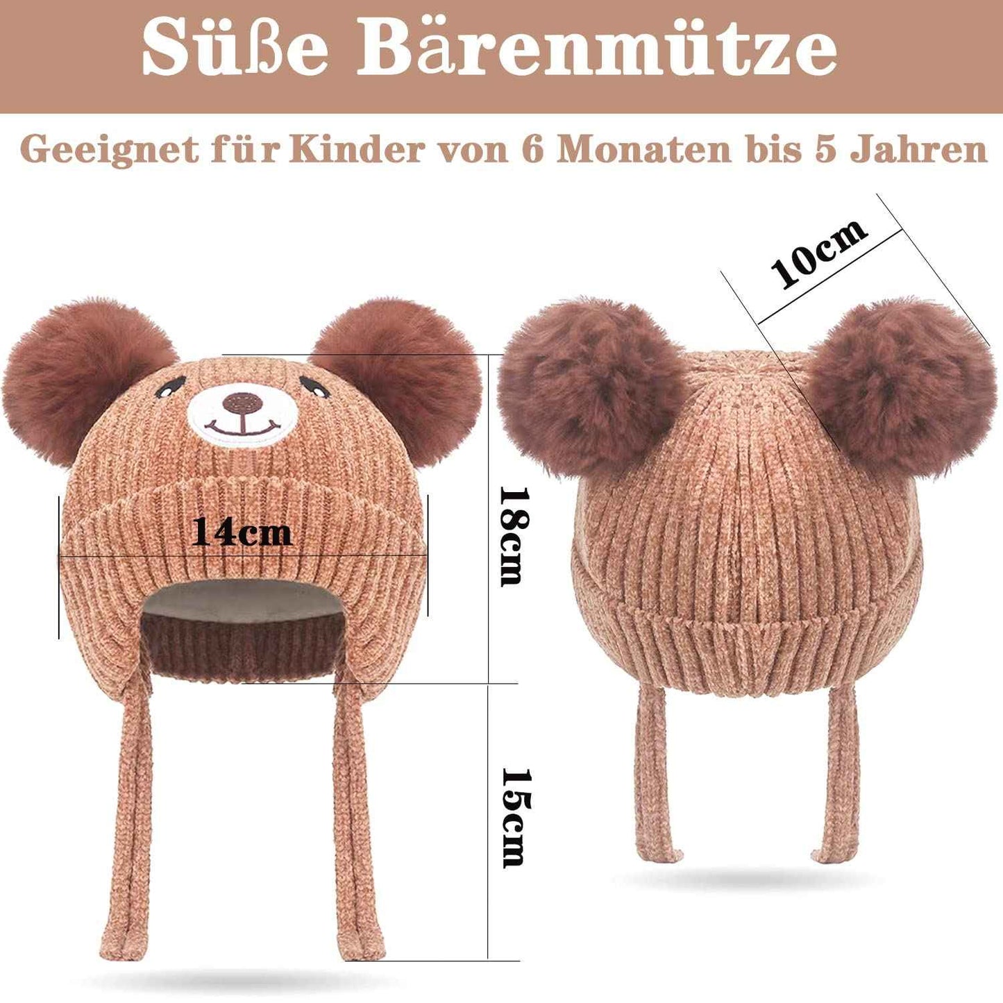 KEELYY Baby Mütze Beanie Strickmütze Herbst Wintermütze Süßer Hut mit Earflap und Bindebändern Warm Hat für Jungen Mädchen