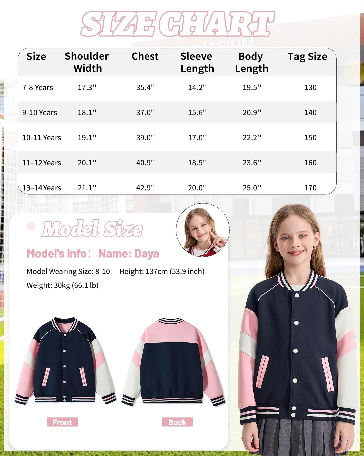 Rolanko Girls Baseball Jacket Boys Varsity Style Sweat Jacket with Pockets for School Bomber Coat for Children