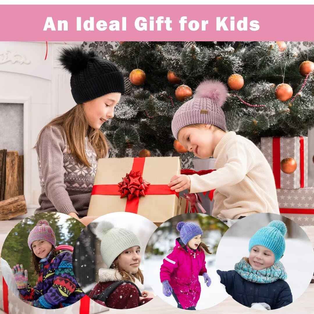 ZUPPAD Mütze und Schal Kinder Set, Kinder Beanie Mütze Winter mit Bommel Strick Halswärmer Halstuch Schlauchschal Warme Handschuhe Fleece Gefüttertes Geschenk Set für Mädchen Kinder