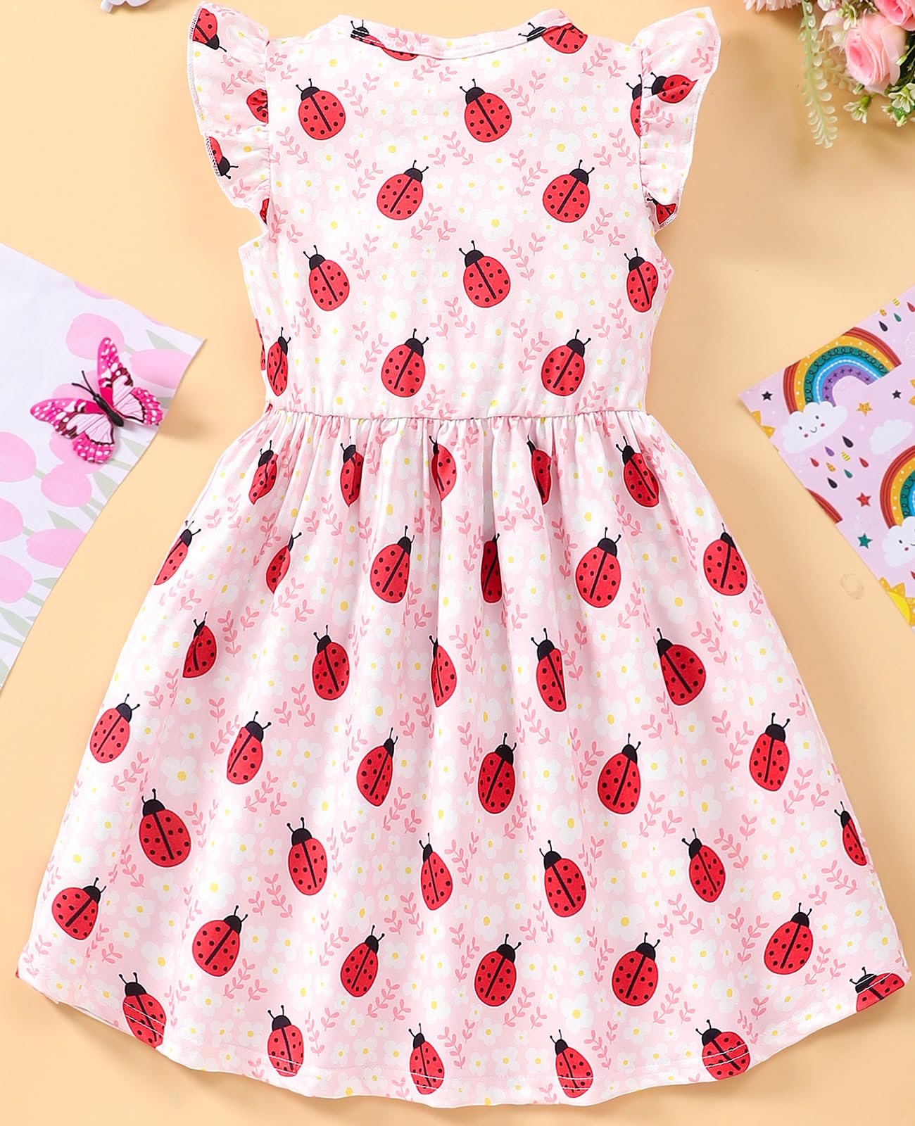 EULLA Kinder Mädchen Kleid Kurzarm Lässig A-Linie Regenbogenstreifen Erdbeere Marienkäfer Schmetterling Kleider Gr.92 98 104 110 116 122