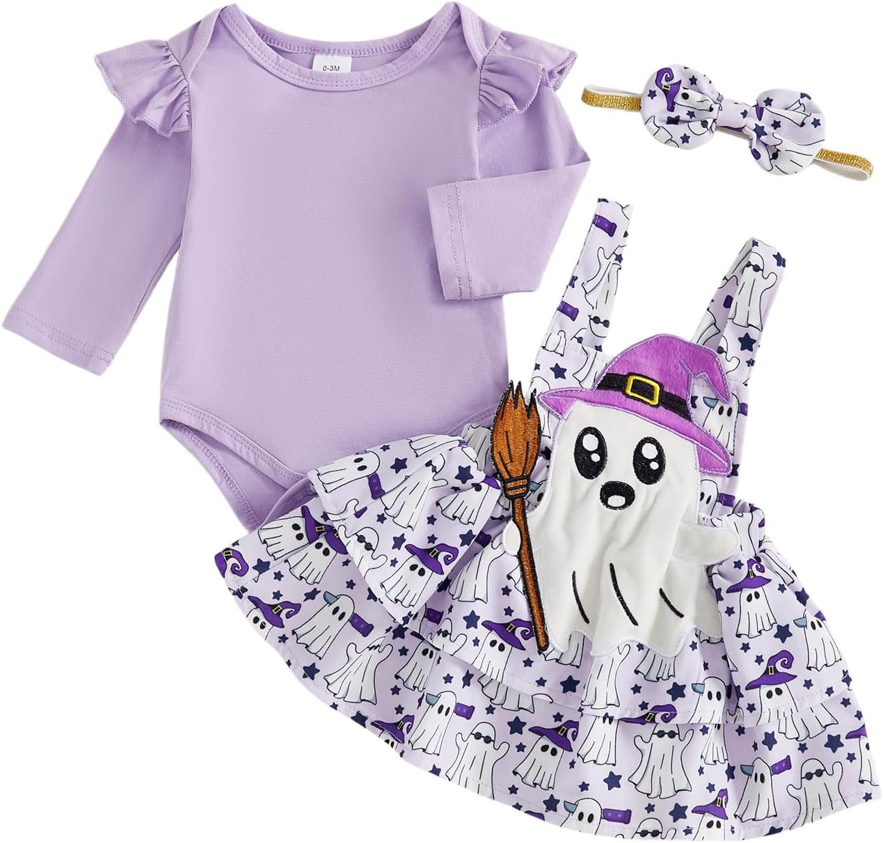 ESSECMBS Infant Baby Girl Halloween Romper Skirt 3 Pieces Clothing Set Long Sleeve Ruffle Shoulder Body Braces Pumpkin Ghost Skirt Headband Girls All Saints Clothing