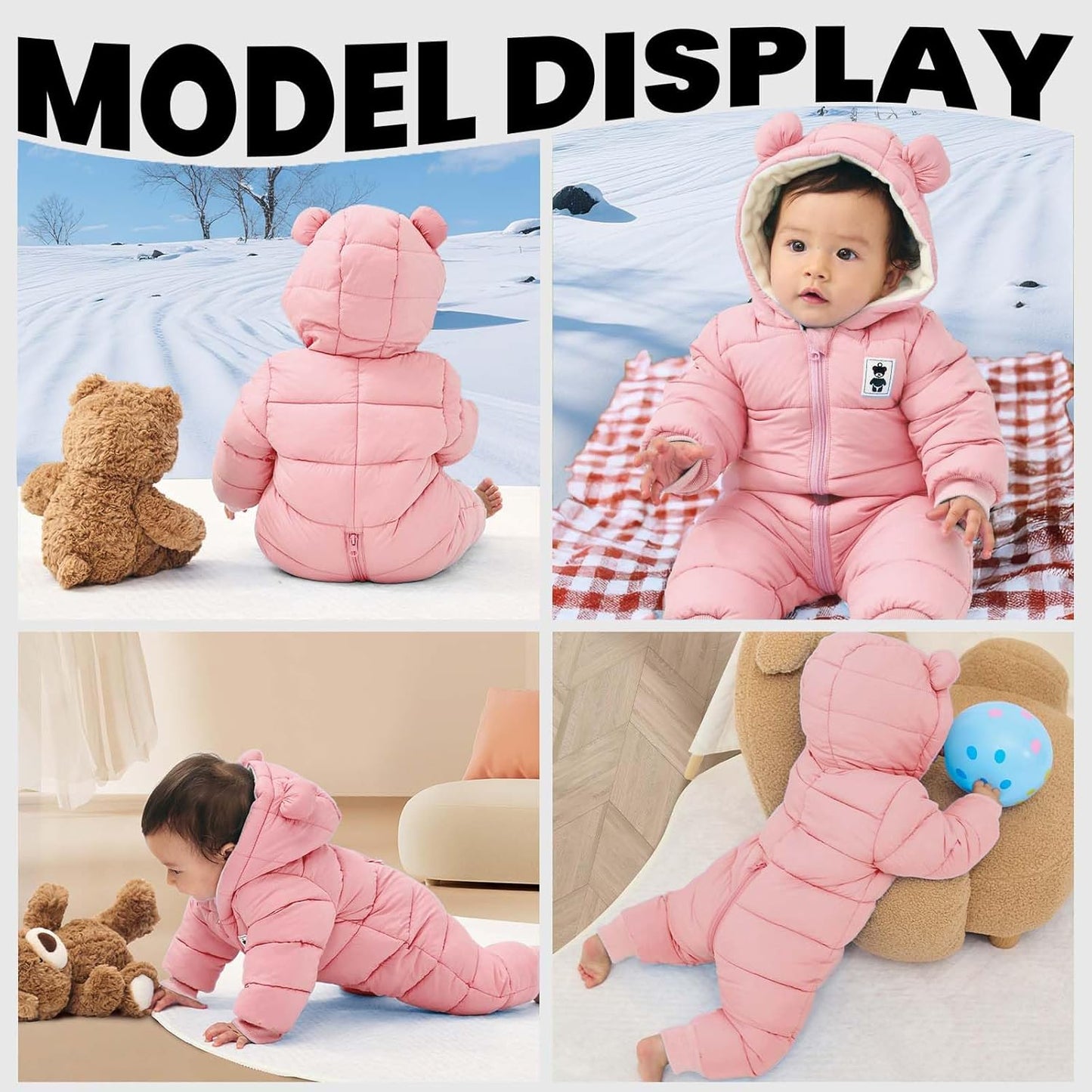 Minizone Baby Winter Jumpsuit with Hood, Romper Snowsuit Boys and Girls, Long-Sleeve Jumpsuit, Warm Outfits, Gift, 6-9 Months, 80 cm, Black