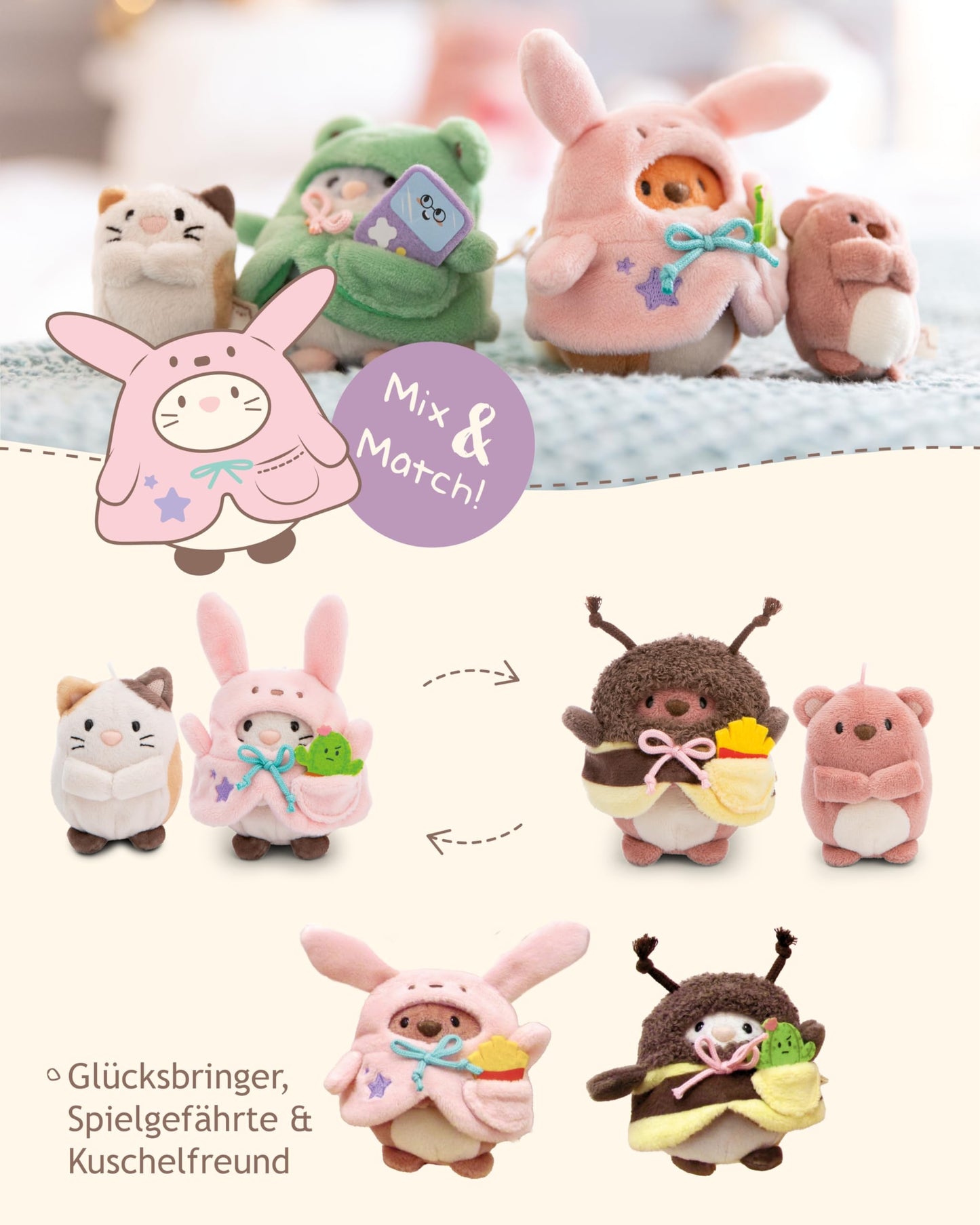 NICI MYMOCHI Kuscheltier Set - Kuscheltier Bär Nomo 8 cm mit Pommes und Bienenkostüm in Geschenkbox, Flauschiges Stofftier zum Kuscheln, Spielen und Liebhaben - 61142