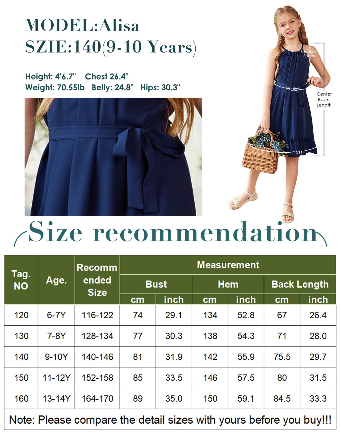 Arshiner Mädchen Kleid Neckholder Sommerkleid Rüschensaum Midikleid A-Linie Kinderkleid Swing Partykleider Abendkleid Kinder Festliche Kleider Freizeitkleid mit Gürtel 6-14 Jahre