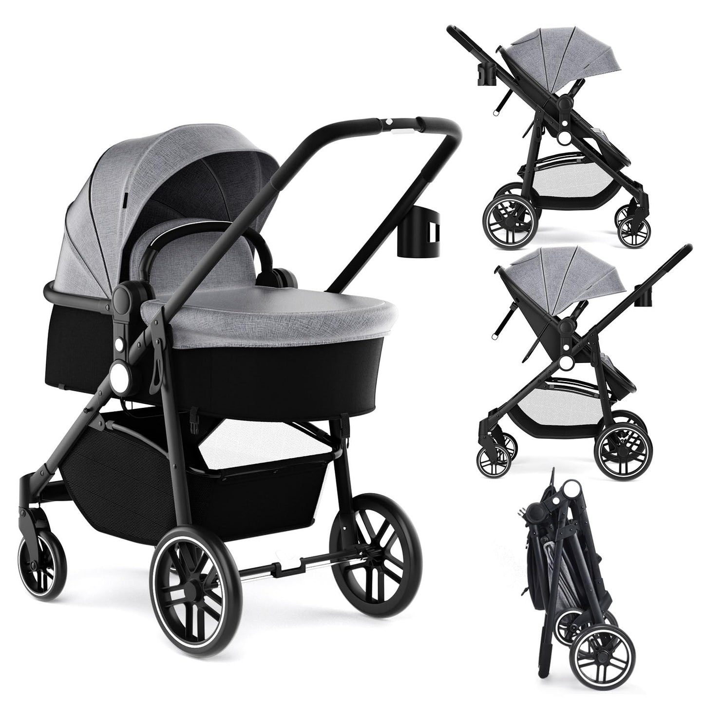 DREAMADE Kinderwagen klappbar, 3 in 1 Buggy mit umkehrbarem Sitz, Verdeck, Aufbewahrungskorb, Becherhalter & 5-Punkt-Sicherheitsgurt, Reisebuggy für Baby 0-6 Monate (Schwarz)