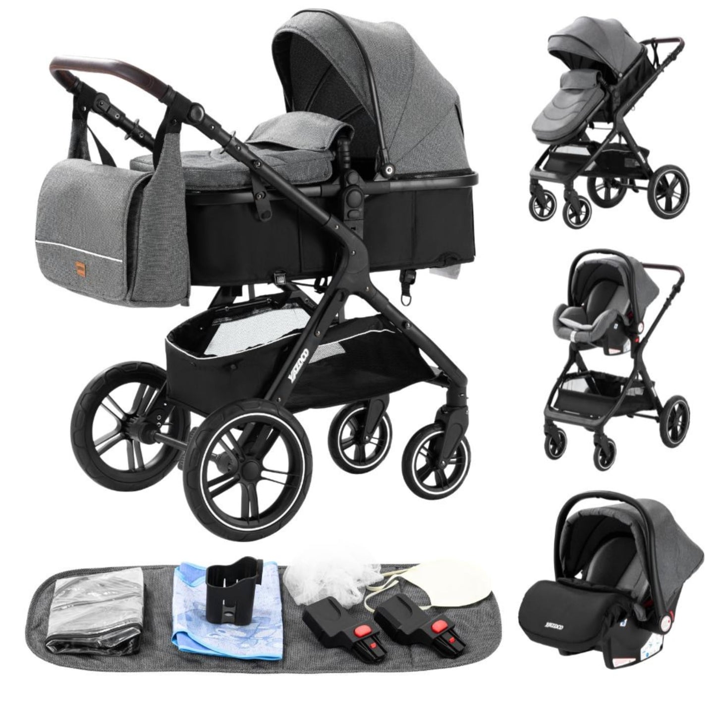 YAZOCO Kompakter 3 in 1Kinderwagen Anstout Terrain Luxus Hohe Landschaft Vierfacher Kinderwagen 0-36kg Faltbarer Gehstock Baby Kinderwagen Komfort Autositz Zubehör (Schwarz)