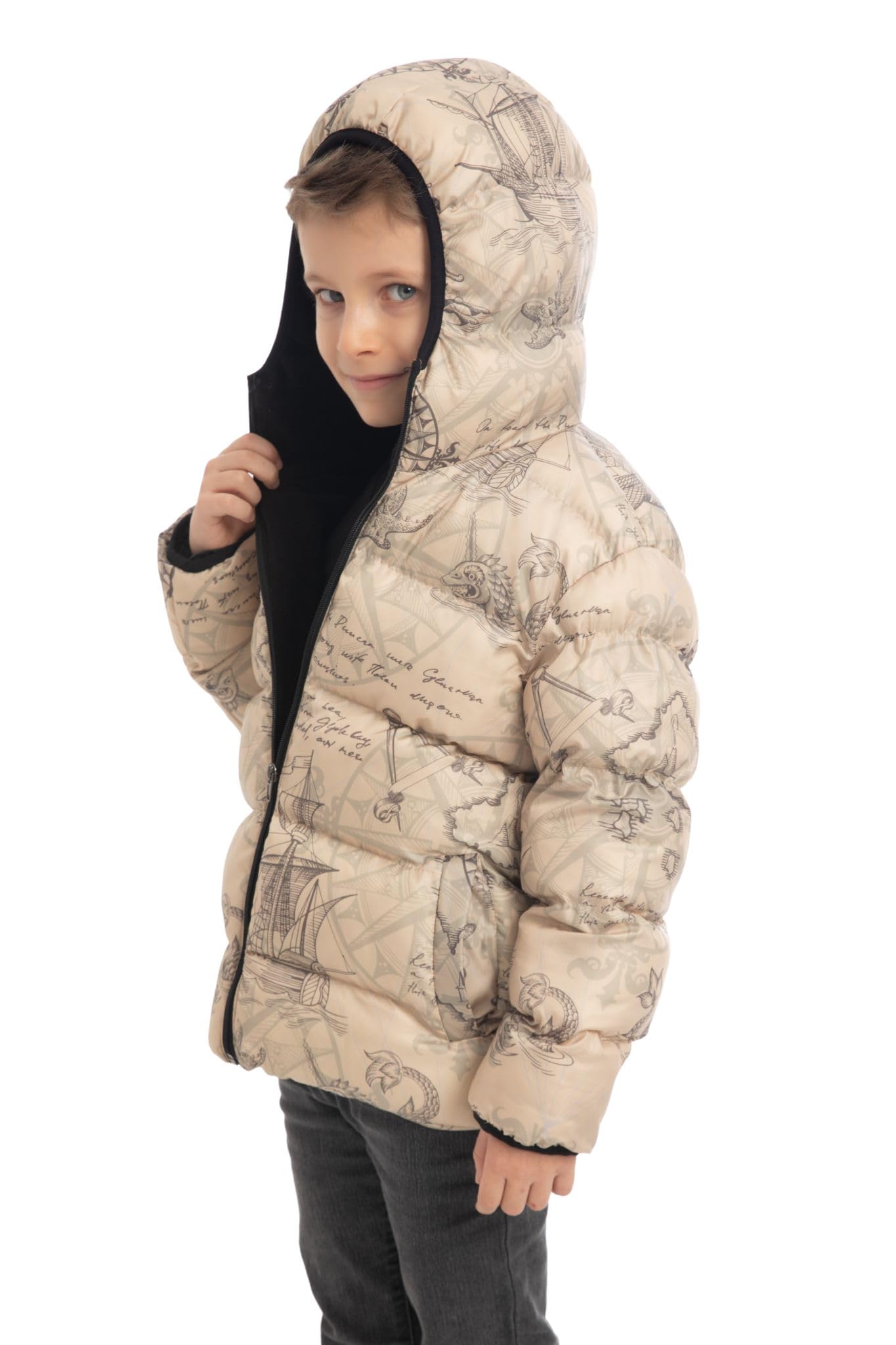 Generic Waterproof Kids Winter Jacket with Hood Insulated Boys Jacket with Compass and Ship Motifs – Lightweight and Windproof Transition Jacket