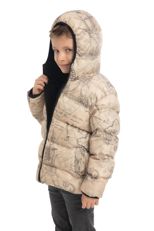 Generisch Wasserdichte Kinder Winterjacke mit Kapuze Isolierte Jungenjacke mit Kompass- und Schiffsmotiven – Leichte und Winddichte Übergangsjacke