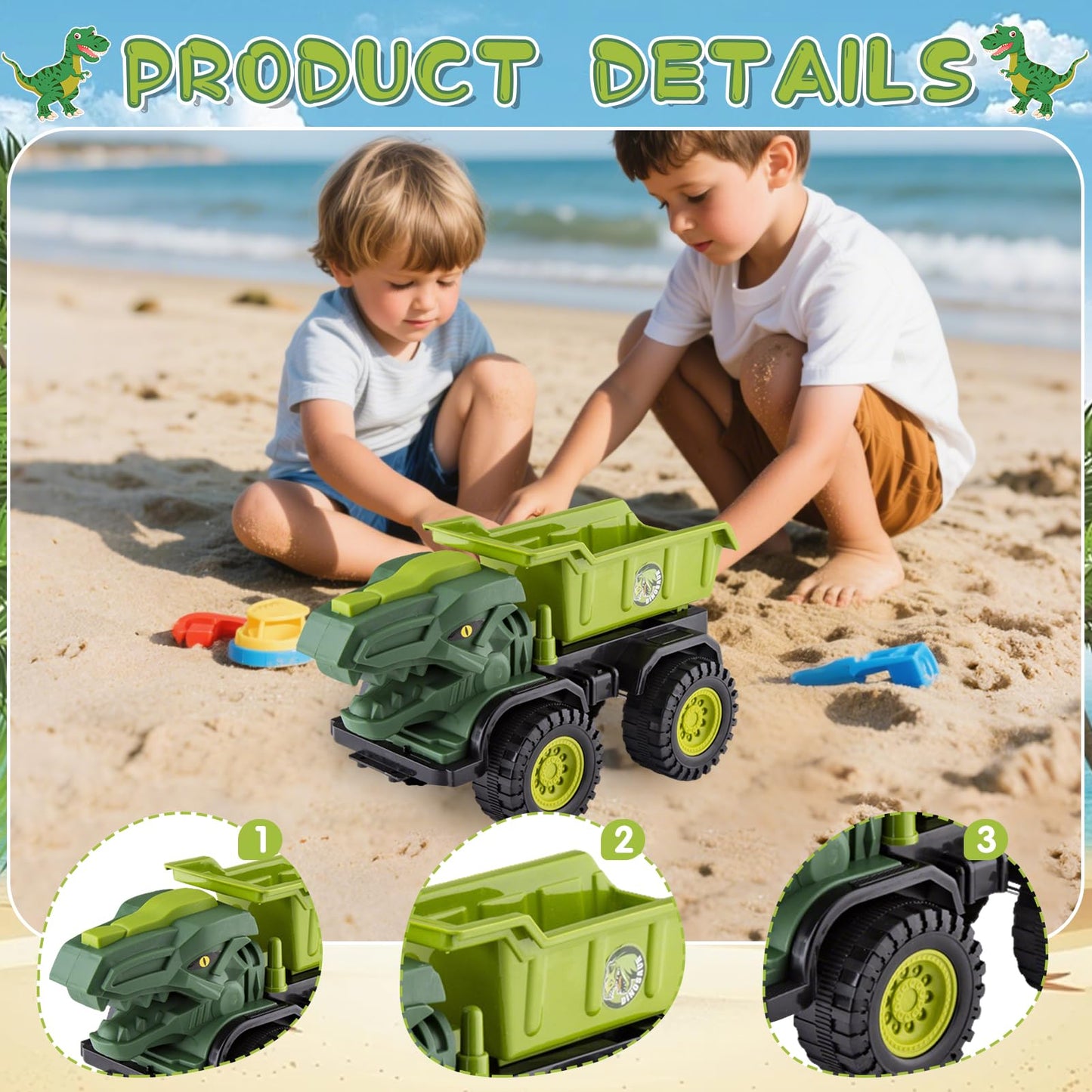 Baustellenfahrzeuge ab 3 Jahren, Set mit 3 Dinosaurier-Sandgruben-Spielzeugset mit Bagger, Transporter, Muldenkipper, robustem Sandspielzeugfahrzeugen Auto, geeignet als Sandspielzeug für Kinder ab 2+ (01)
