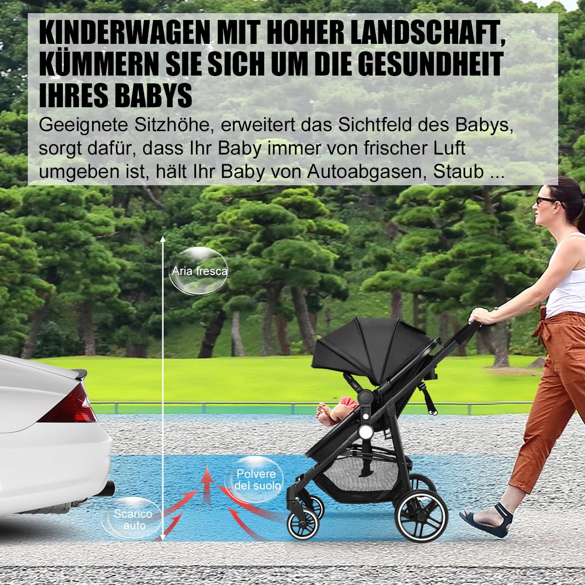 DREAMADE Kinderwagen klappbar, 3 in 1 Buggy mit umkehrbarem Sitz, Verdeck, Aufbewahrungskorb, Becherhalter & 5-Punkt-Sicherheitsgurt, Reisebuggy für Baby 0-6 Monate (Schwarz)