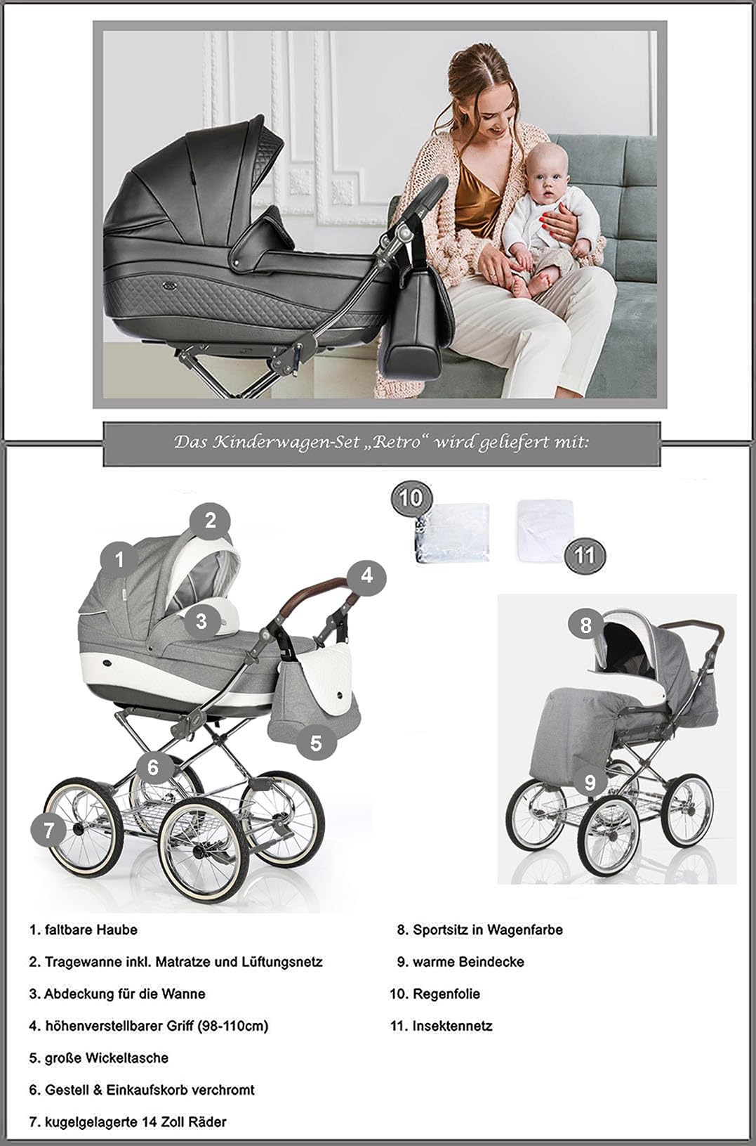 Kinderwagen-Set 2 in 1 Retro inkl. Sportsitz - 11 Teile - in 5 Farben