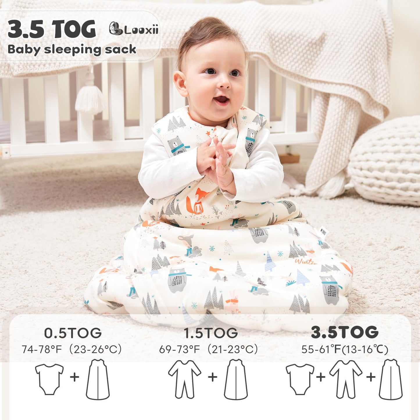 Looxii Baby Sleeping Bag Winter Cotton Winter Sleeping Bag 2.5 TOG Sleeping Bags Warm Baby Sleeping Bag Newborn for Autumn Winter Pink Rabbit 12-18 Months
