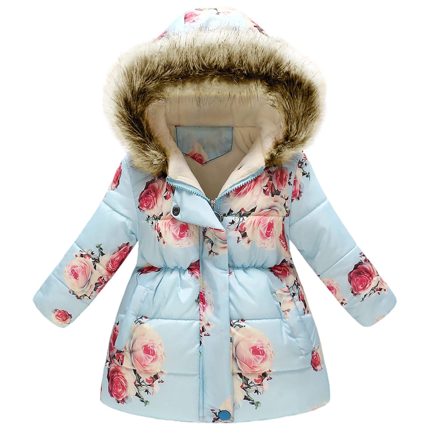 amropi Girls' Floral Winter Jacket with Fur Hood Warm Winter Coat Children's Jacket for 2-10 Years