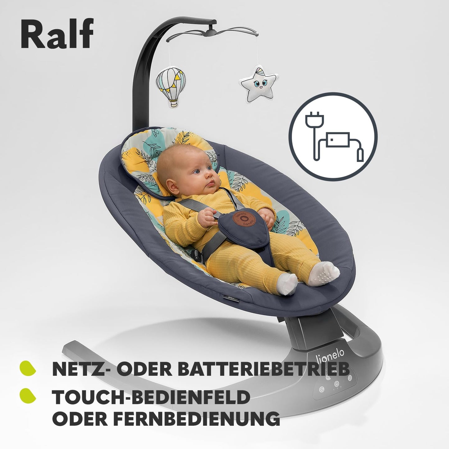 LIONELO Ralf 2-in-1 baby bouncer and recliner, remote control, 12 melodies, two rocking directions, 5 rocking speeds, locking, backrest adjustment, timer, quiet operation