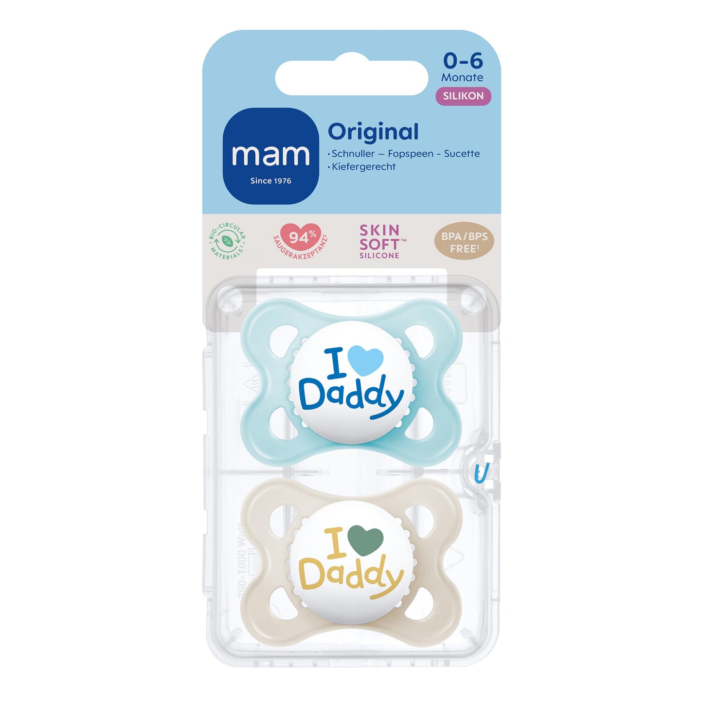 MAM Original Schnuller im 2er-Set, zahnfreundlicher Baby Schnuller aus nachhaltigen & bio-erneuerbaren Materialien, Sauger aus MAM SkinSoft Silikon, mit Schnullerbox, 0-6 Monate, blau/beige - Meloni2