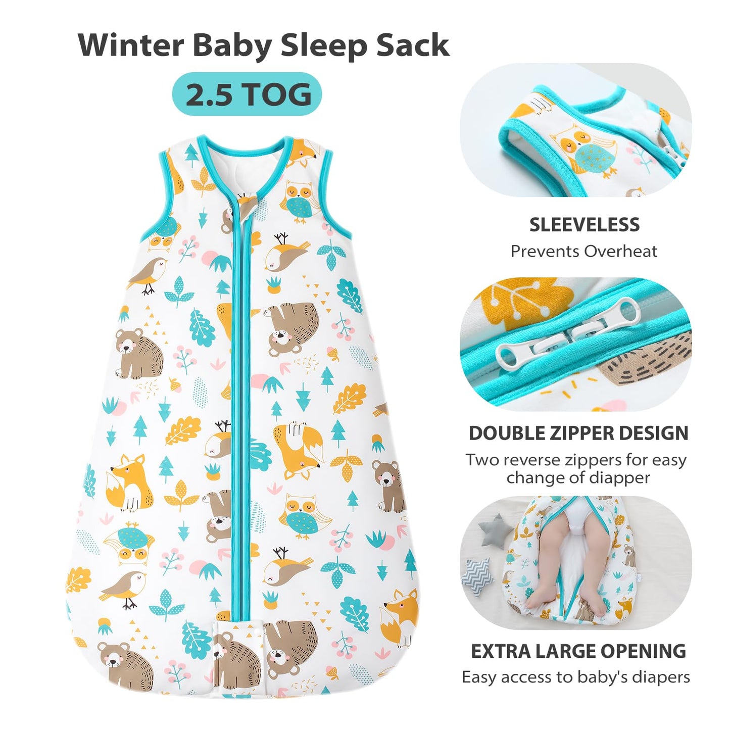 Mosebears Baby Sleeping Bag Winter 2.5 Tog, 100% Cotton Baby Winter Sleeping Bag for Babies 0-24 Months, M (6-12 Months)