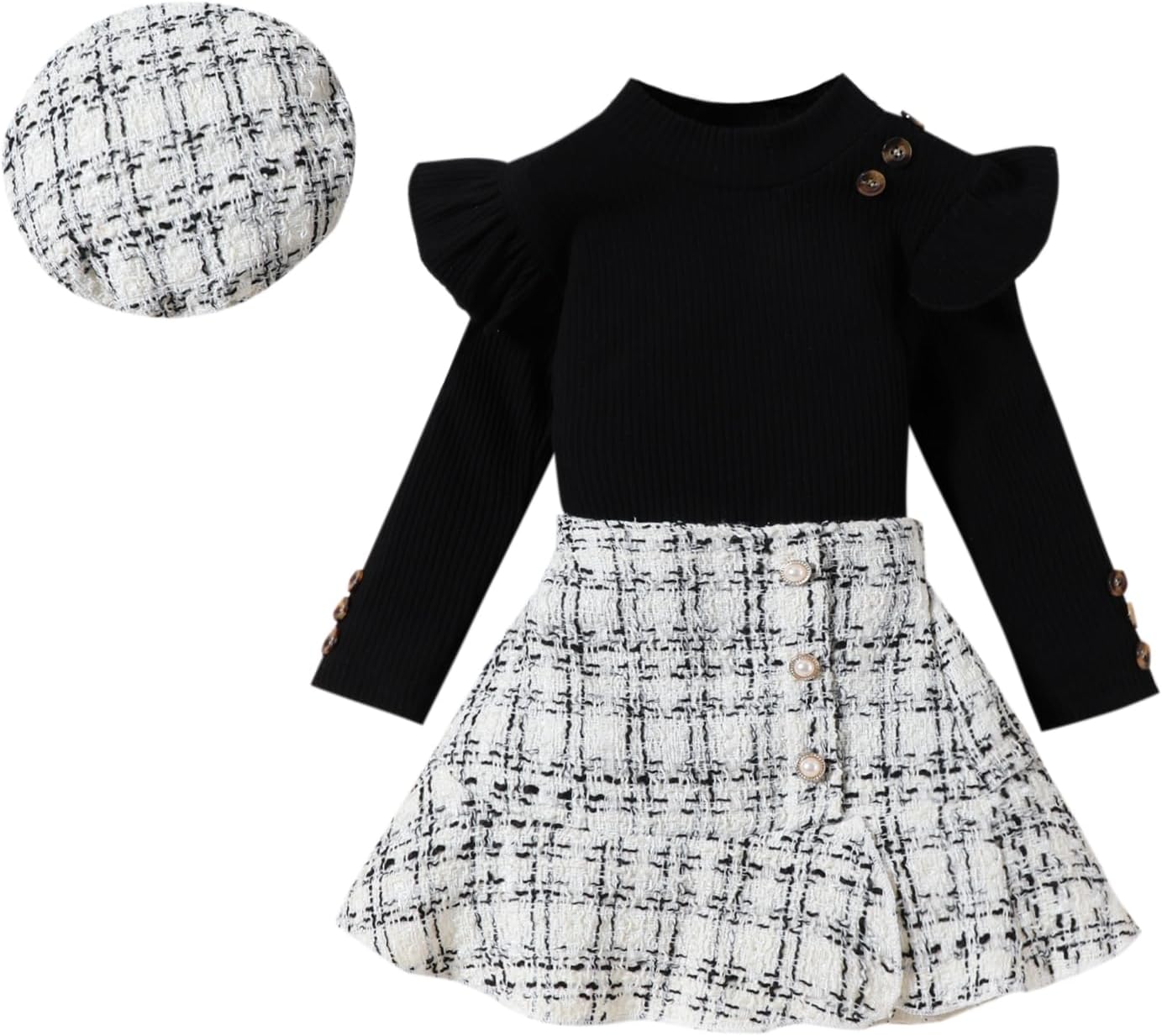 UUAISSO Kleinkind Baby Mädchen Kleidung Langarm Gerippte Oberteile Plaid Tweed Muster Rock Baskenmütze Herbst Knopf Outfits Sets