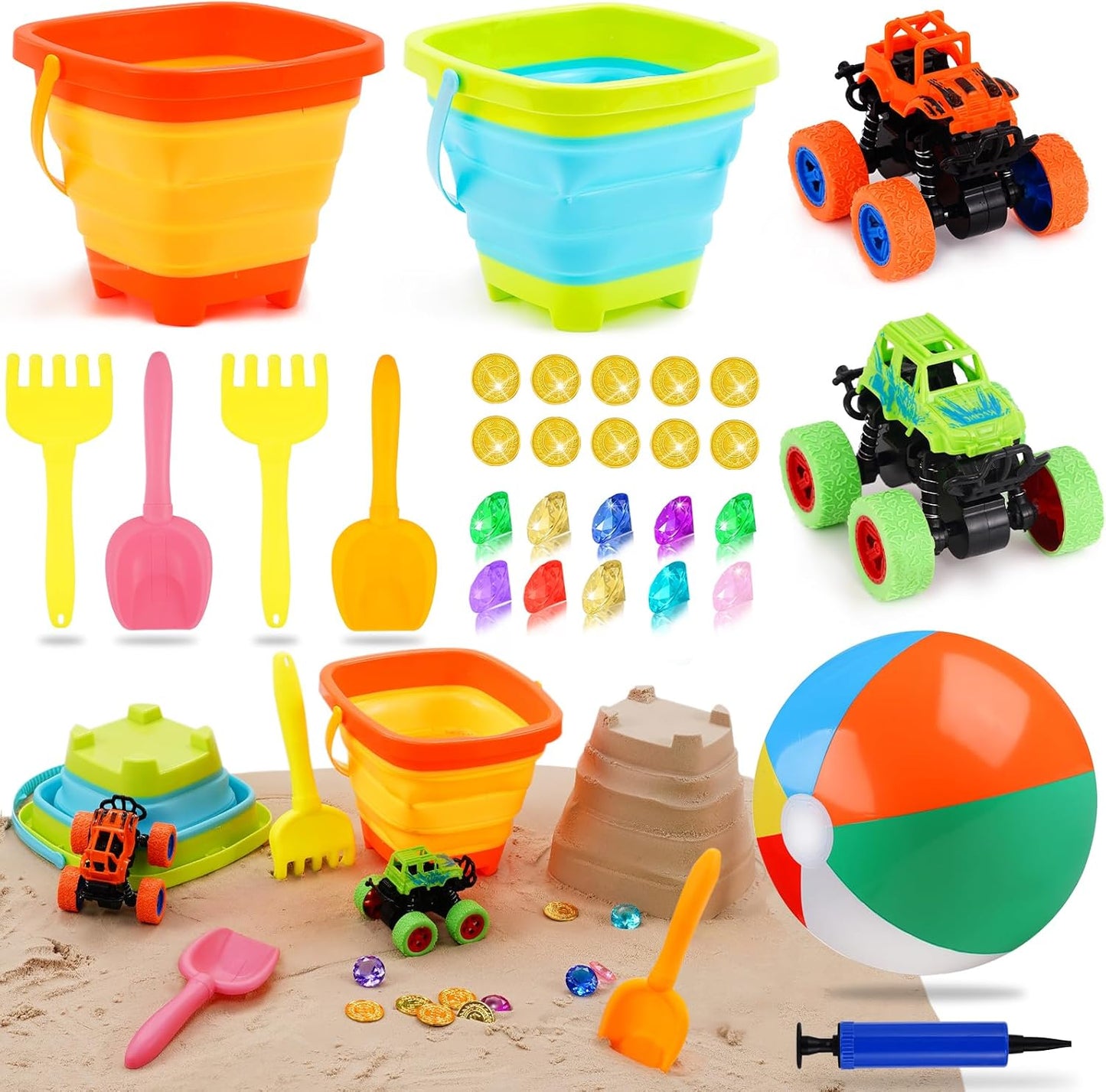 Echehi Sand Toy Set for Boys Girls 30 Pieces, Sandpit Toy Beach Toy with Folding Bucket, 16 Inch Water Ball, Monster Truck, Gemstones, Summer Toy for Indoor and Outdoor Use