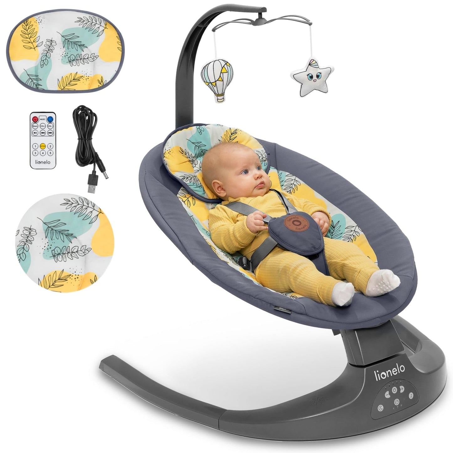 LIONELO Ralf 2-in-1 baby bouncer and recliner, remote control, 12 melodies, two rocking directions, 5 rocking speeds, locking, backrest adjustment, timer, quiet operation