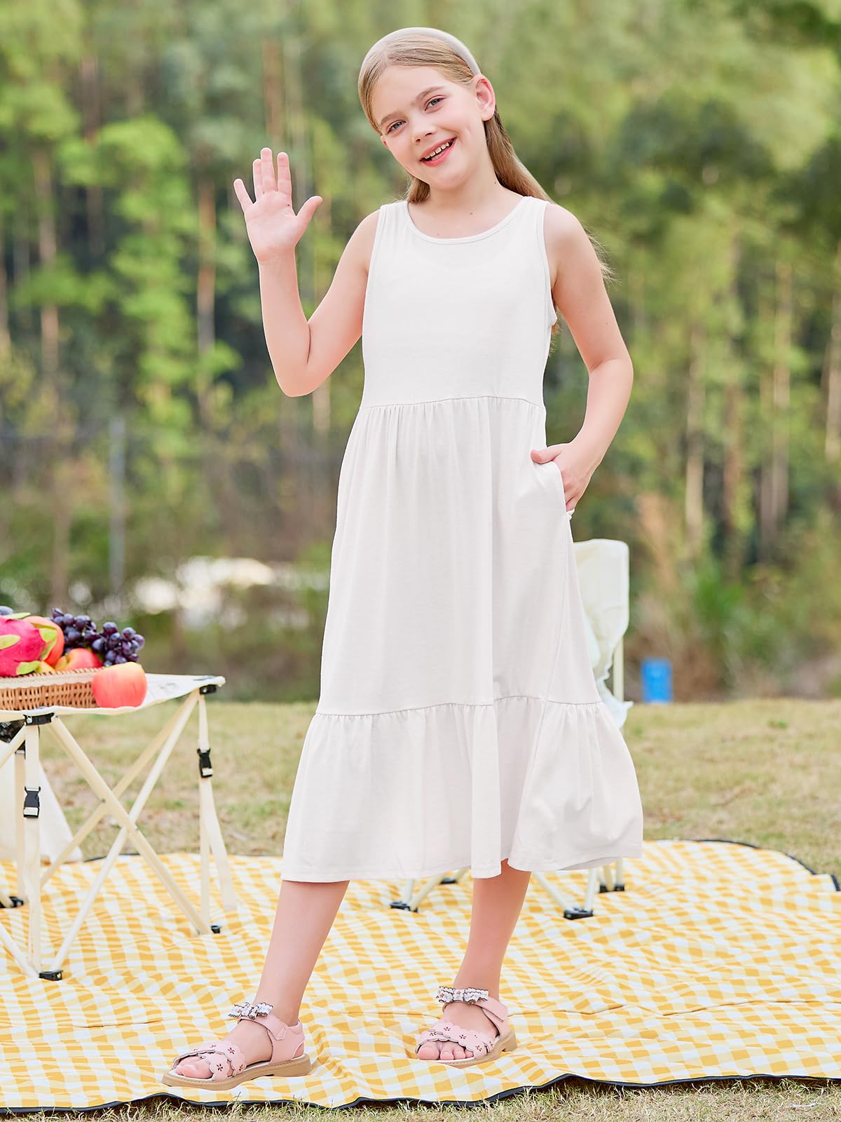 Haloumoning Girls' Dresses Summer Sleeveless Dress Round Neck Tank Top Dress Kids Long Casual Dress Sundress