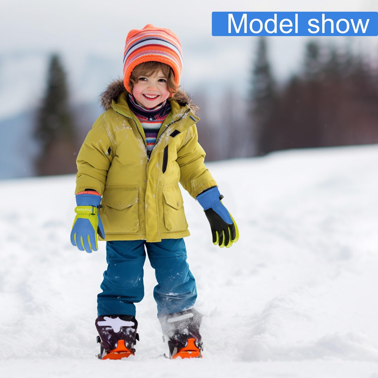 ThxToms Children's Ski Gloves, Winter Snow Ski Gloves, -15°C, Windproof, Waterproof, Warm, PU Thickened Cold Weather, Outdoor Sports, Snowboarding, Skiing, Bike, for Boys and Girls aged 3-13 Years Old