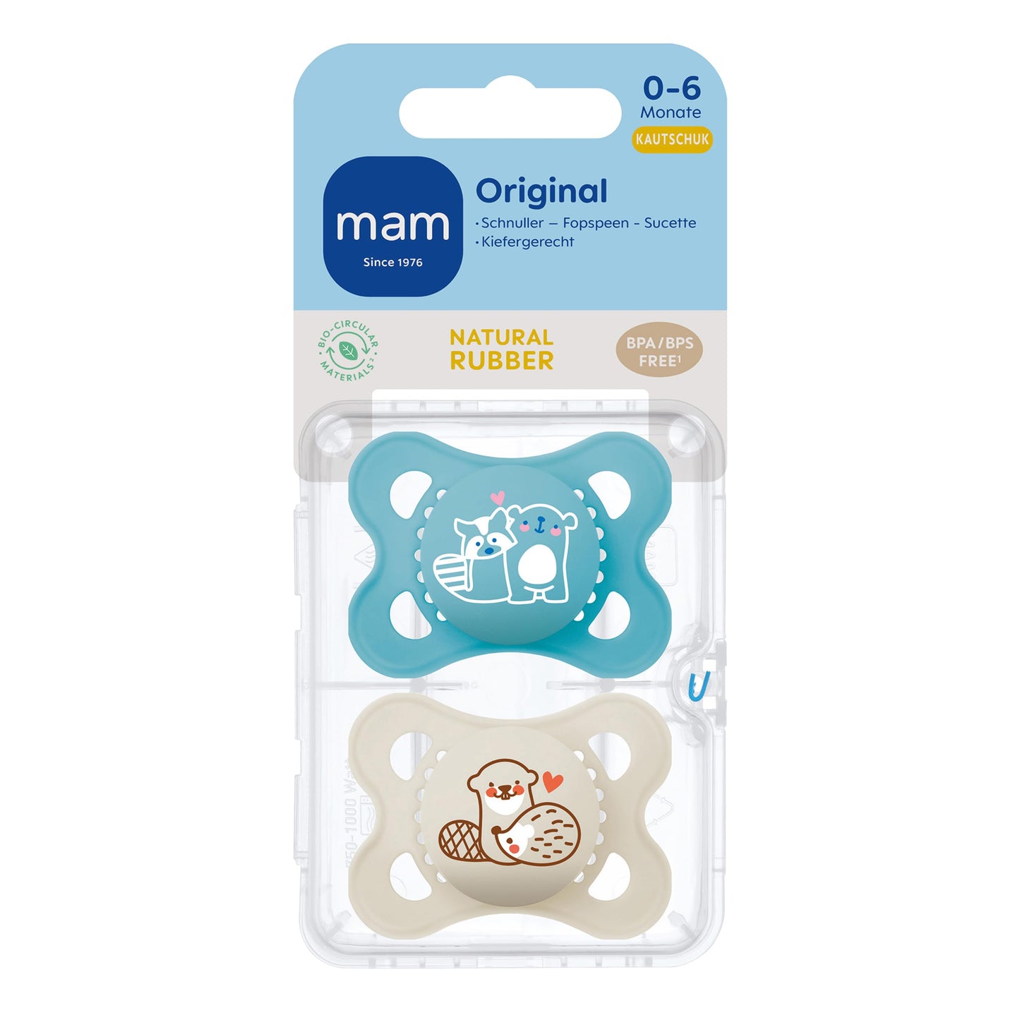 MAM Original Latexschnuller im 2er-Set, Schnuller aus nachhaltigen, bio-erneuerbaren Materialien, Baby Schnuller mit symmetrischem & kiefergerechtem Sauger, 0-6 Monate, Hase/Reh