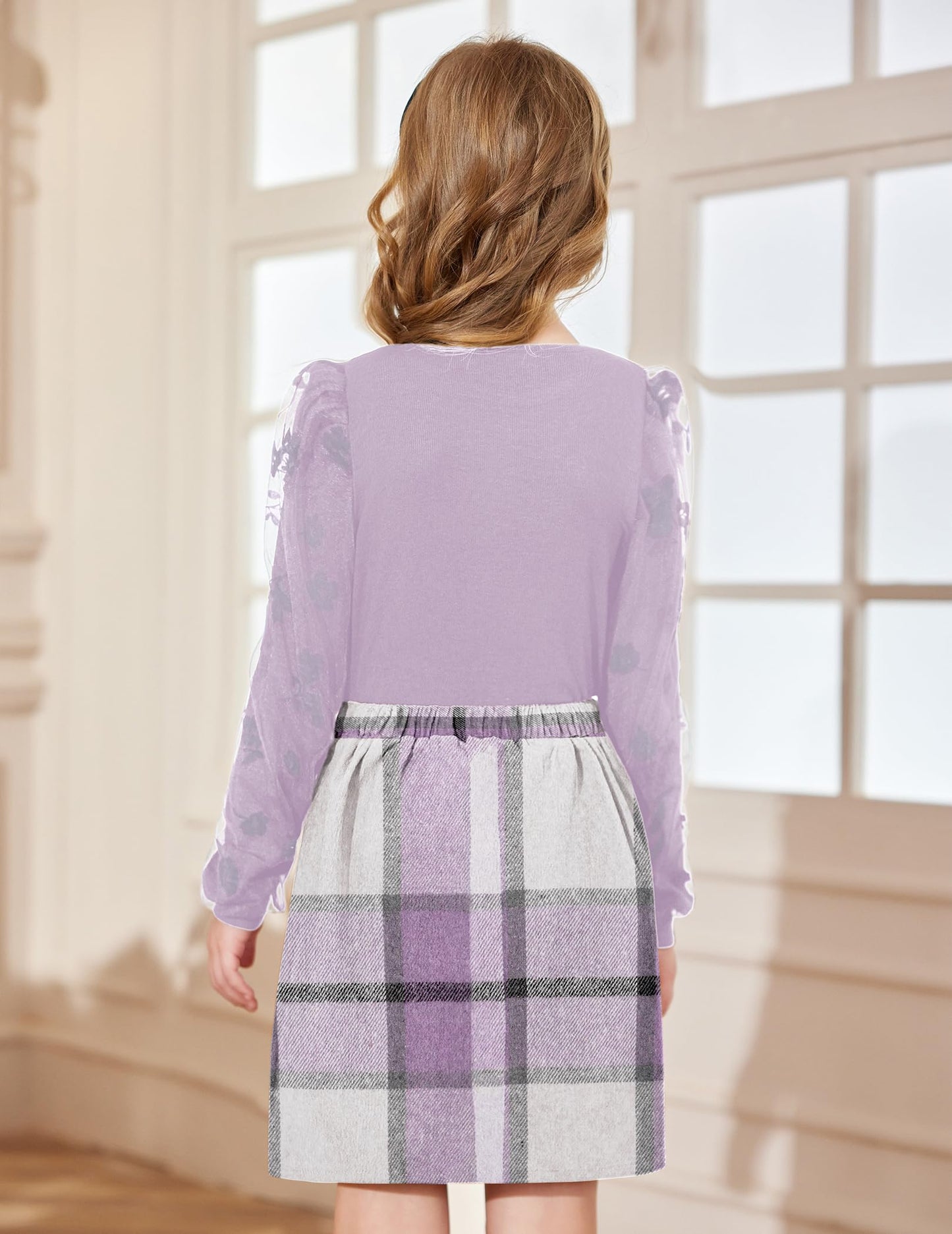 Arshiner Girls' Clothing Sets Elegant Long Sleeve Shirt with Skirt Set Children's Autumn Winter Outfit Checked Leisure Fashion Two Piece Clothing Sets for Girls 5-13 Years