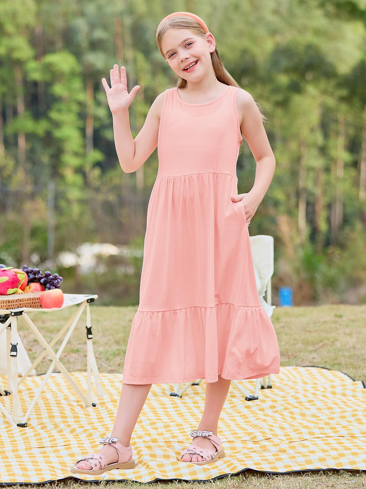 Haloumoning Girls' Dresses Summer Sleeveless Dress Round Neck Tank Top Dress Kids Long Casual Dress Sundress
