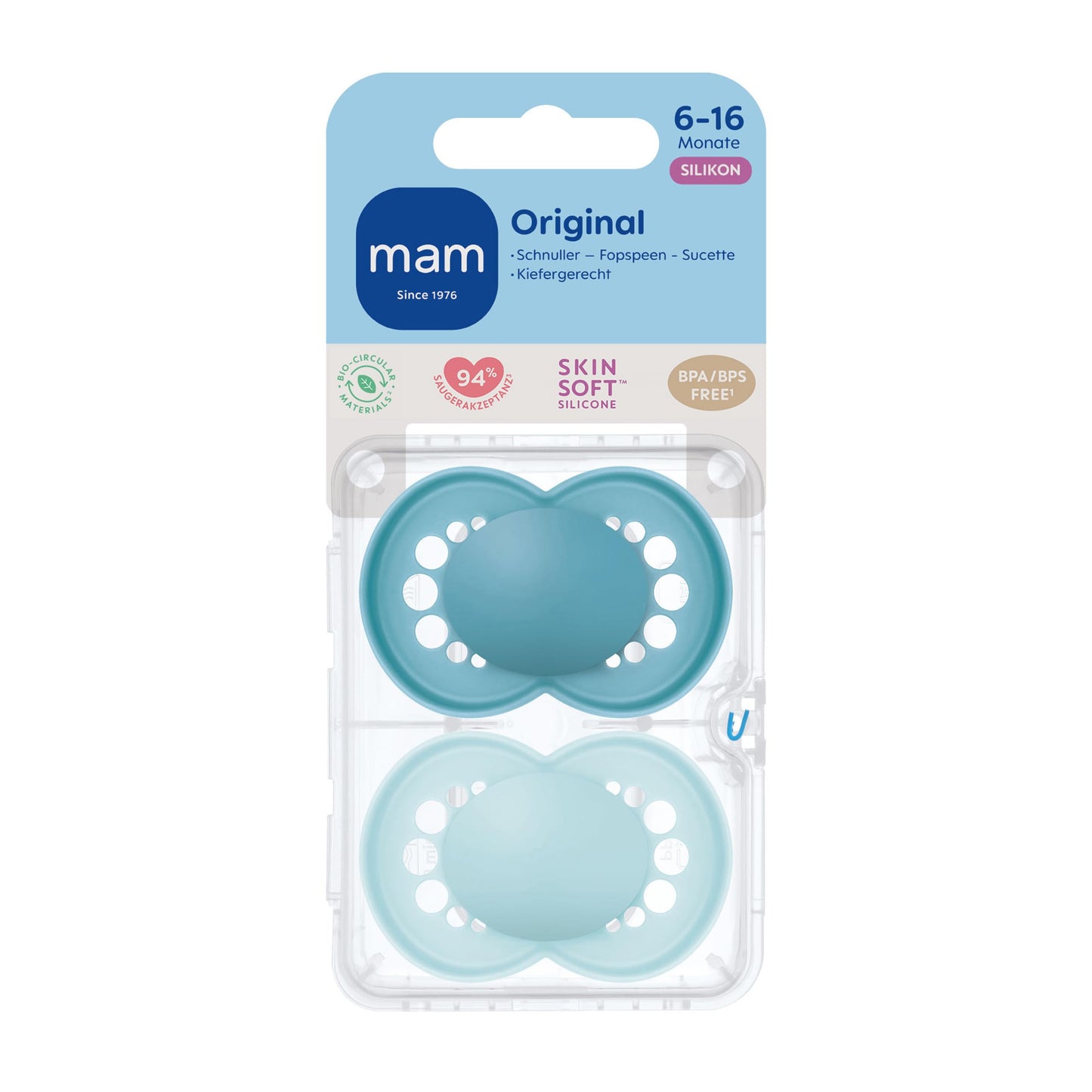 MAM Original Schnuller im 2er-Set, zahnfreundlicher Baby Schnuller aus nachhaltigen & bio-erneuerbaren Materialien, Sauger aus MAM SkinSoft Silikon, mit Schnullerbox, 0-6 Monate, Hase/Reh