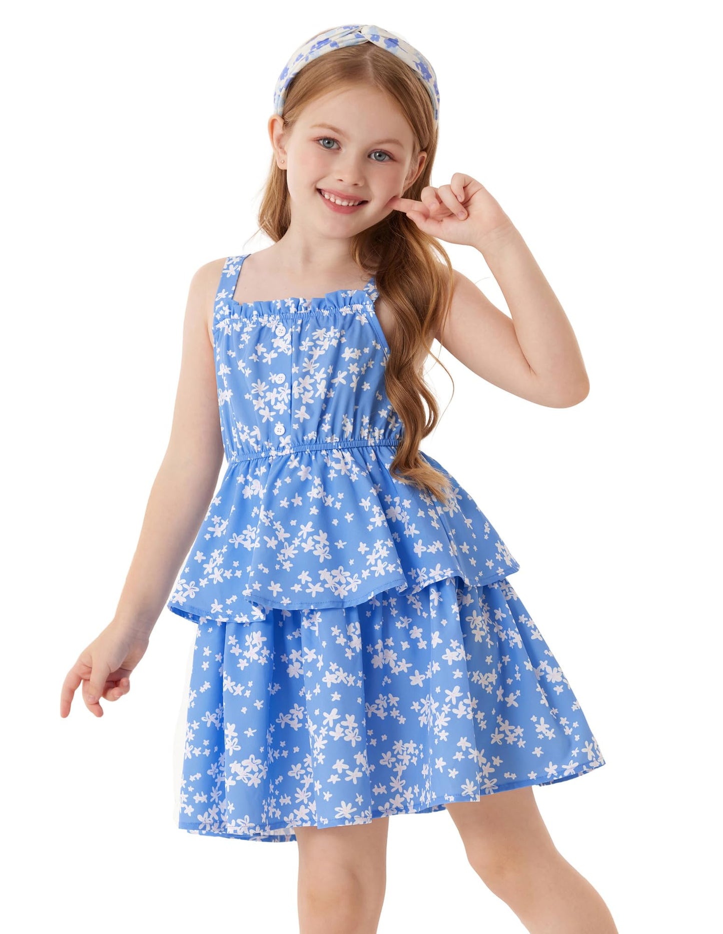 GRACE KARIN Mädchen Sommer Blumen Kleid Kinder Prinzessin A-Linie Freizeit Swing Kleid Verstellbare Spaghetti-Träger Doppelter Saum