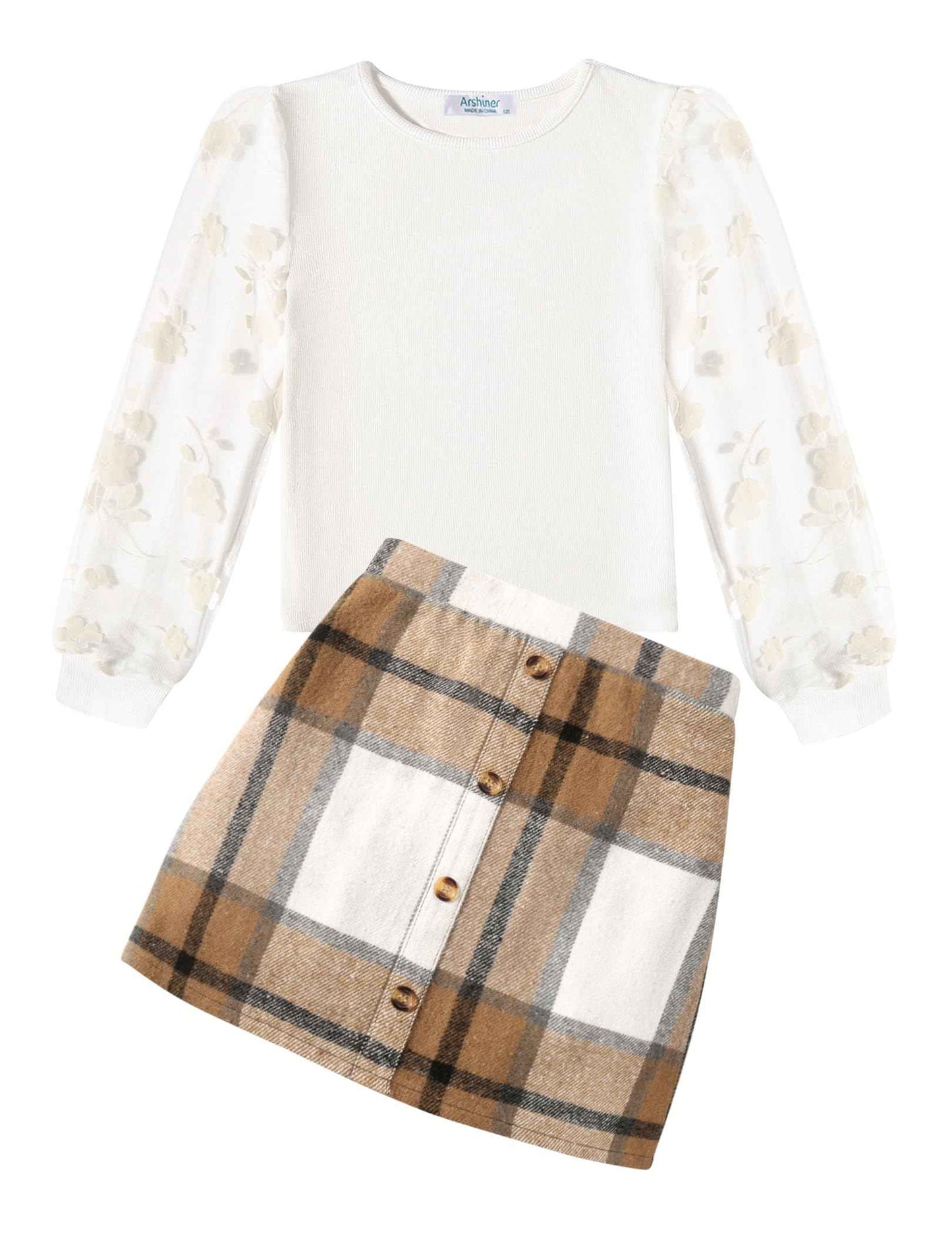 Arshiner Girls' Clothing Sets Elegant Long Sleeve Shirt with Skirt Set Children's Autumn Winter Outfit Checked Leisure Fashion Two Piece Clothing Sets for Girls 5-13 Years