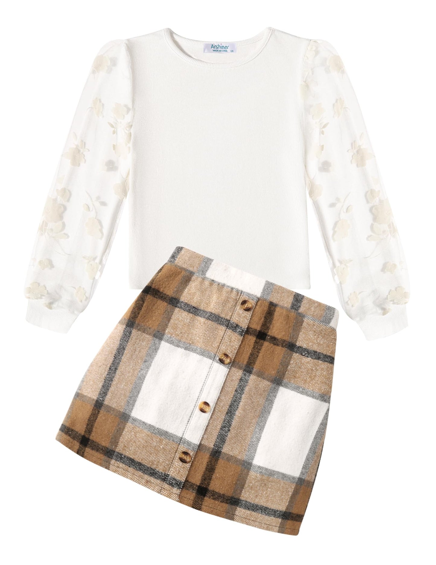 Arshiner Girls' Clothing Sets Elegant Long Sleeve Shirt with Skirt Set Children's Autumn Winter Outfit Checked Leisure Fashion Two Piece Clothing Sets for Girls 5-13 Years