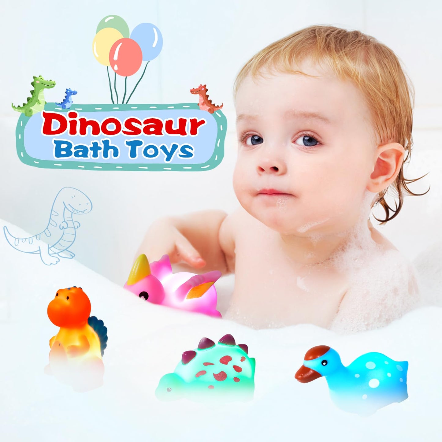 Jiosdo Bath Toy, Pack of 6 Dinosaur Bath Toys with Light, LED Bath Toy Children, Bath Toy Baby from 1 2 3 Years, Illuminates Water Toy, Bath Toys, Sensory Toy