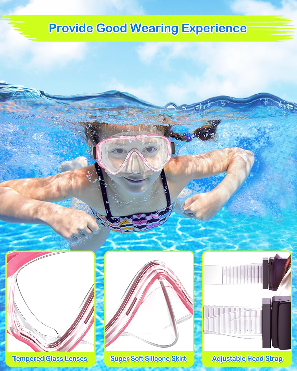 SkrekuiMa Taucherbrille Kinder | Schwimmbrille Kinder Schnorchelmaske Anti-Fog Anti-Leck | Tauchmaske Kinder 180°Panorama HD Tempered Glas für Kinder 4-12 Jahre Jungen Mädchen