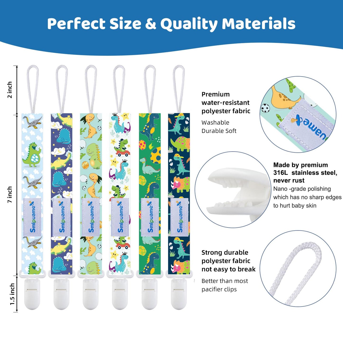 Smlpuame Baby Schnullerkette Mädchen Junge,6 Stück BPA-Frei Schnullerband Stoff Mädchen Junge,Schnuller Kette Nuckelkette Passen Die Meisten Schnuller und Beißspielzeug,Dummy Clips für Baby (Tier)