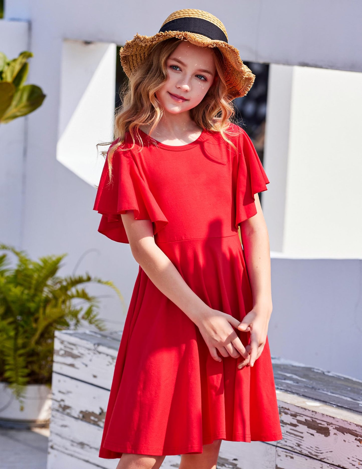 Arshiner Kleider für Mädchen Schmetterlingsärmel Kleid Kinder A-Line Swing Kleid Rundhals Sommerkleid Baumwollekleid Festlich Partykleid Hochzeit Lässige Kinderkleidung mit Tasche