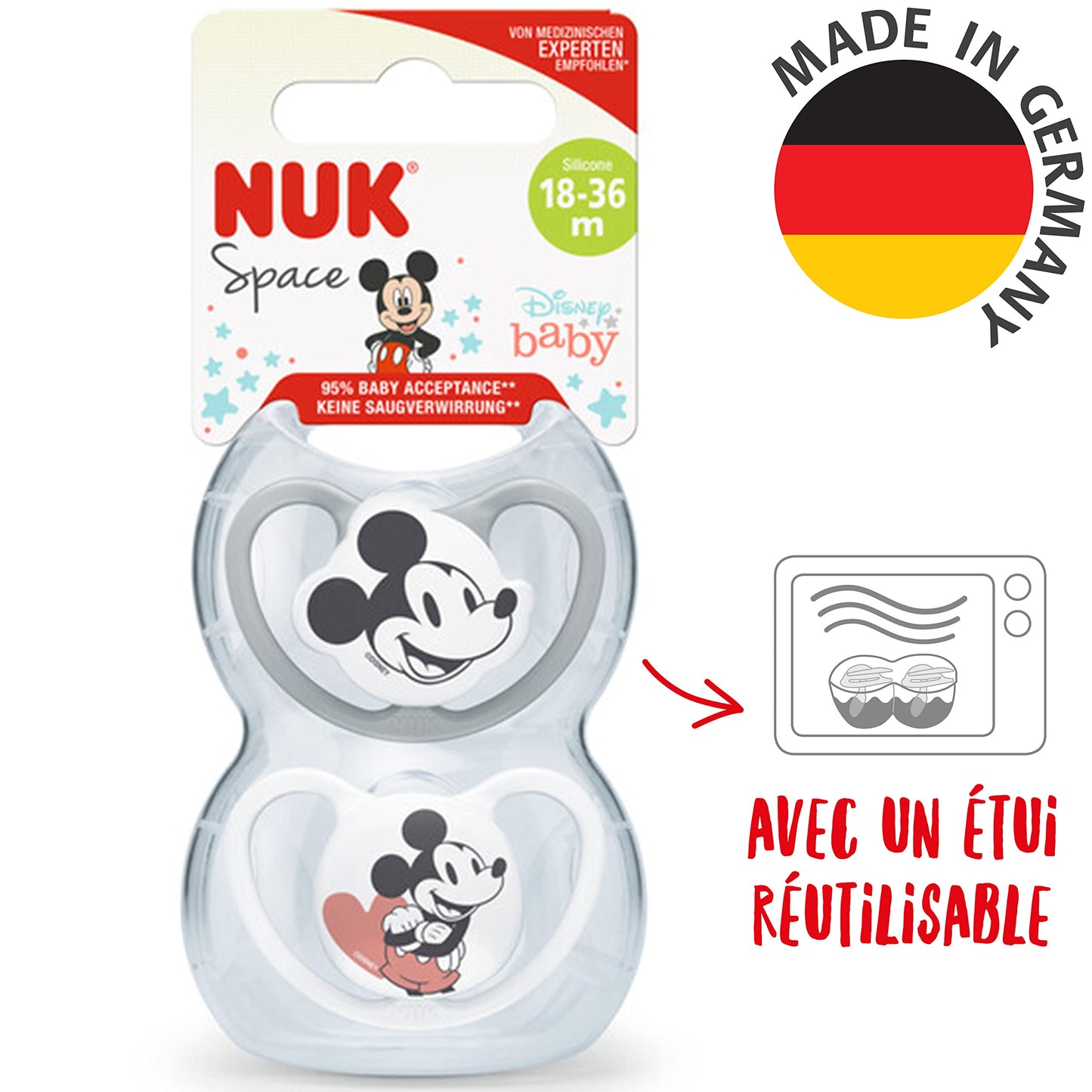 NUK Sauger Space | 18-36 Monate | Schnuller mit extragroßen Belüftungsöffnungen | Silikon BPA-frei | Disney Micky Maus | Grau/Weiß | 2 Einheiten