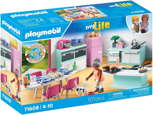 PLAYMOBIL MyLife 71608 Küche mit Essplatz, vollausgestattete Küche für detailgetreues Nachspielen, zu über 80 % aus recycelten und biobasierten Materialien, kreatives Spielzeug für Kinder ab 4 Jahren