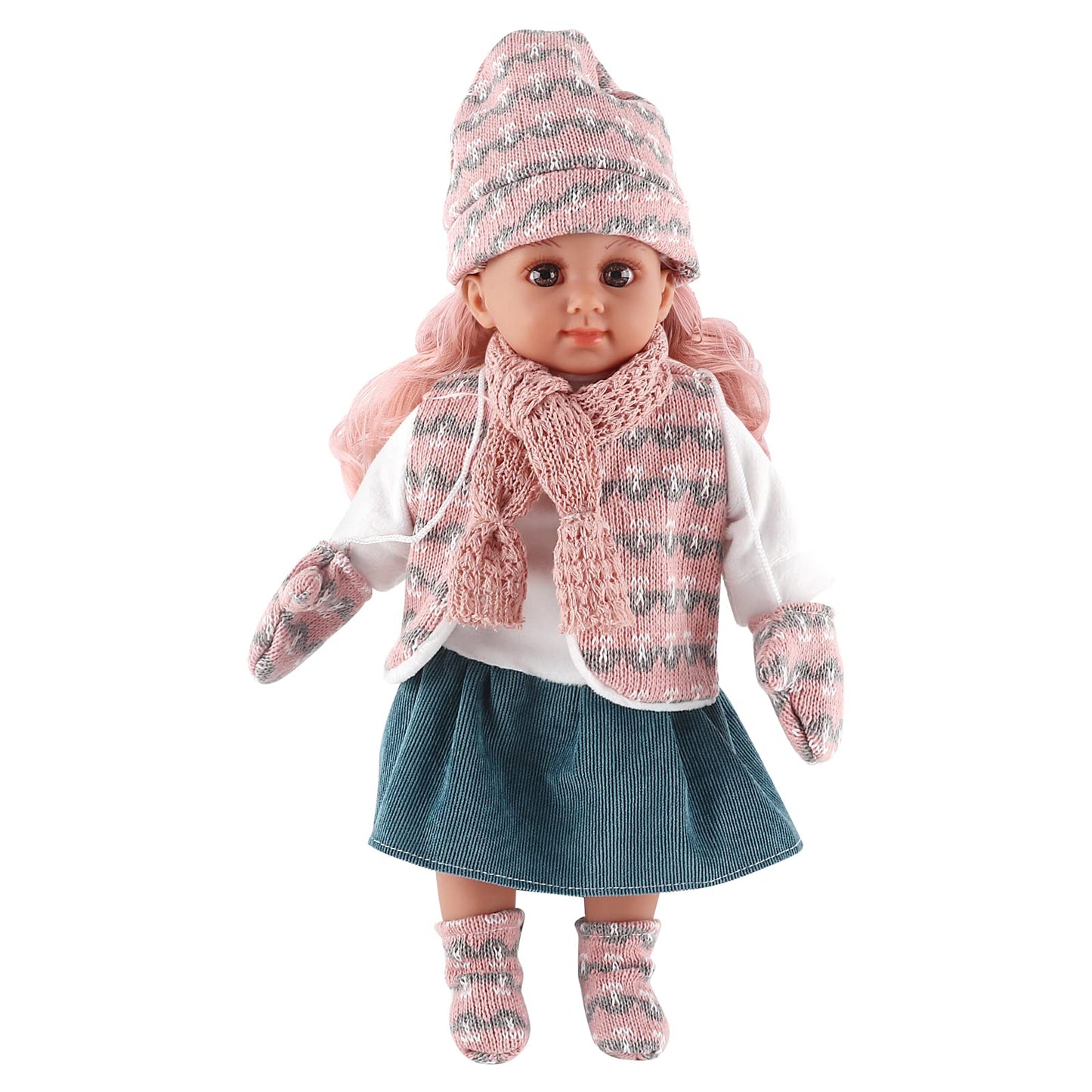 deAO Babypuppen-Spielset, Kleid Spiel Set für 36cm Puppe mit 3 Outfits und Puppenzubehör zum Kämmen und Frisieren, Puppe mit Langen Rosa Haaren Tolles Rollenspiel-Spielzeug für Kinder