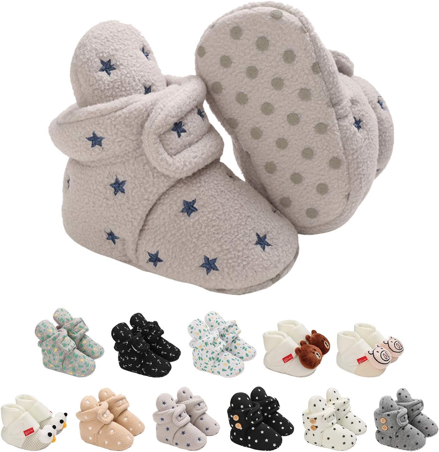 EDOTON Unisex-Baby Neugeborenes Fleece Booties, Baby Jungen Mädchen Weiche Sohlen Streifen Bootie Kleinkind Stiefel Niedlich Stiefel Socke Einstellbar