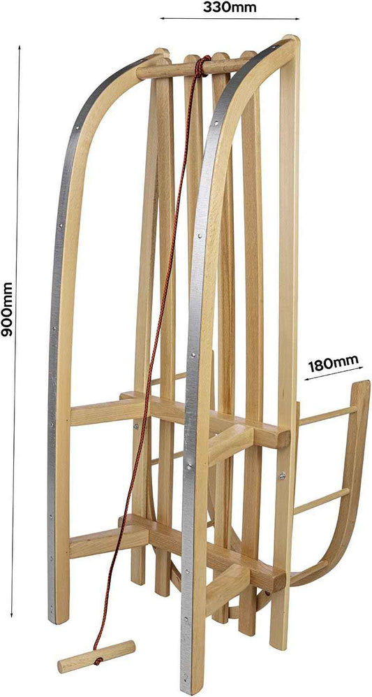 Holzschlitten für Kinder mit Rückenlehne und Zugseil - Klassischer Schlitten mit Stahlkufen - Geprüfte Sicherheit mit schützenden Seitenstangen - Braun lackiert 90 x 33 x 38cm