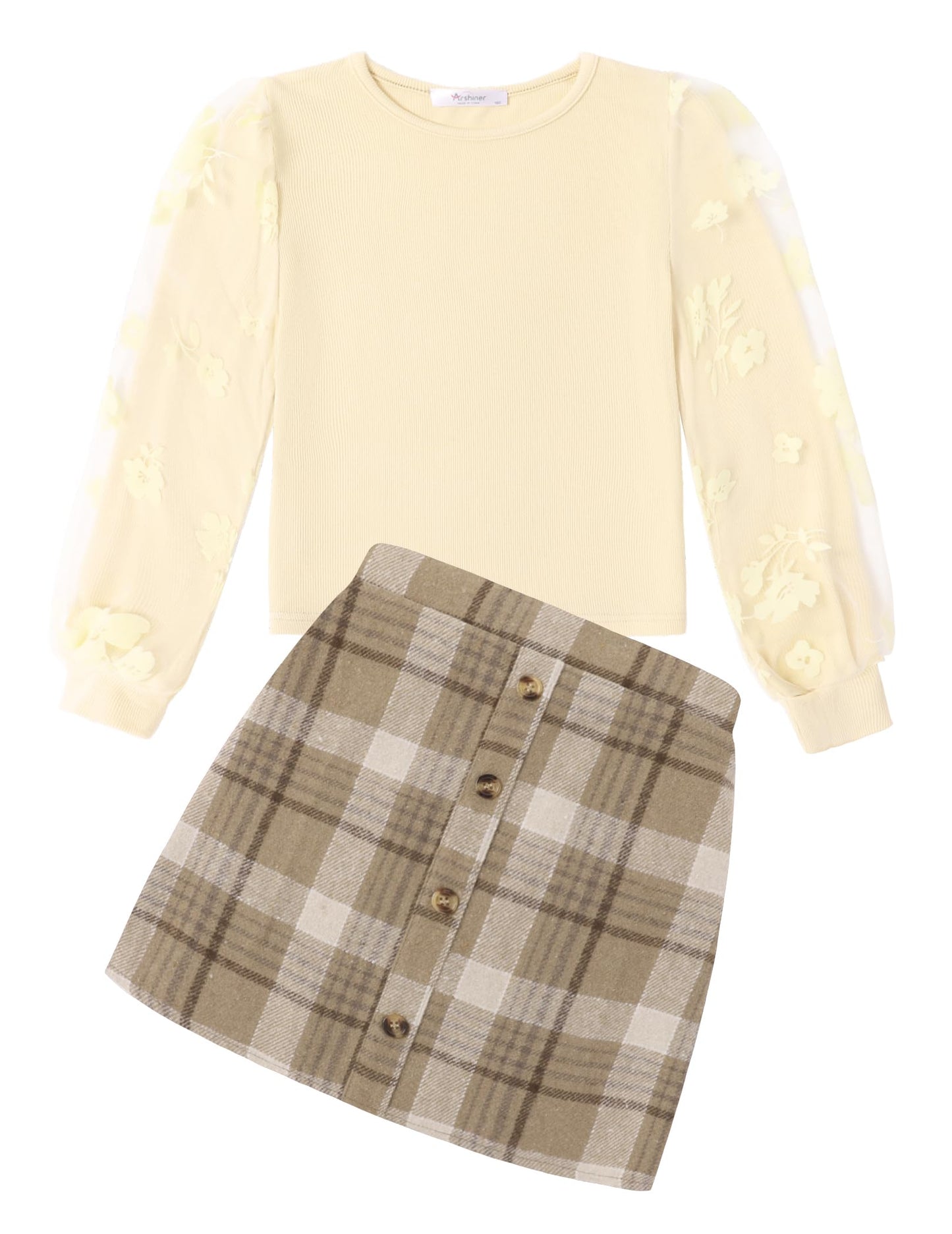Arshiner Girls' Clothing Sets Elegant Long Sleeve Shirt with Skirt Set Children's Autumn Winter Outfit Checked Leisure Fashion Two Piece Clothing Sets for Girls 5-13 Years