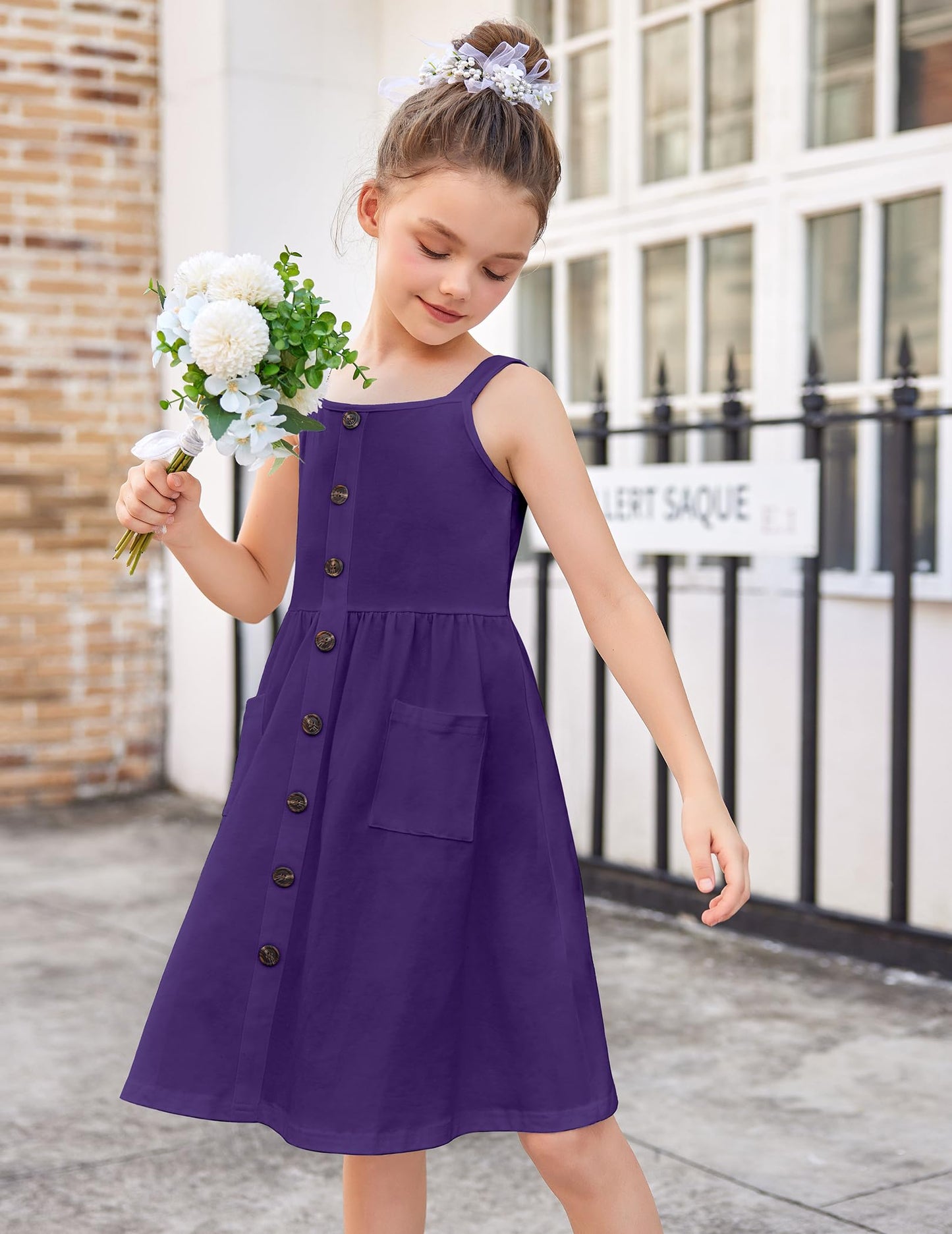 Arshiner Girls Dresses Sleeveless Children's Dress Button Front Strap Dress Summer Cotton Swing Dress Festive A-Line Casual Dress Elegant Dress for Girls 5-14 Years
