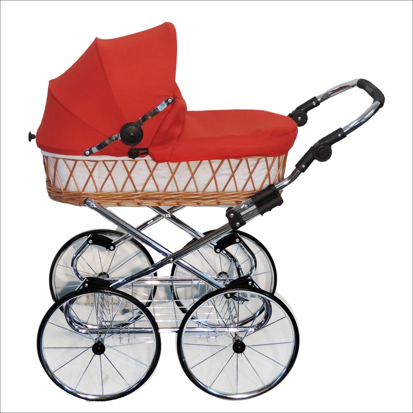 EICHHORN Kinderwagen Wicker Basket Doll's Pram Retro Toy Classic (Basket Natural, Fabric Navy Blue)
