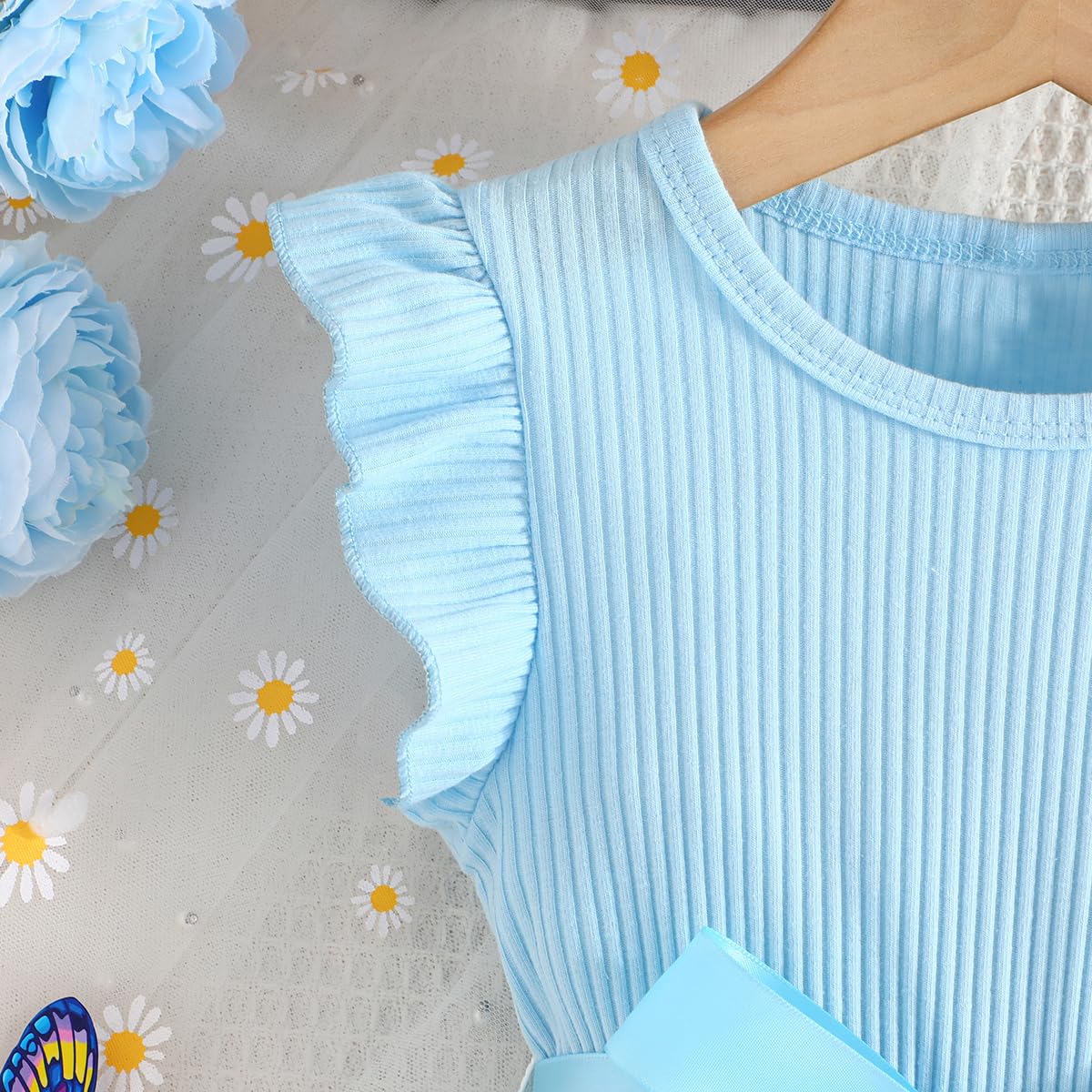 Codkkre Girls Dress Flowers Bowknot Kids Dresses Ruffle Sleeves A-Line Girls Dress Summer Easter Girls Dress Round Neck 104 110 116 122 128