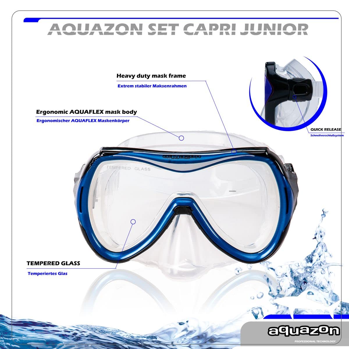 AQUAZON Capri extra Komfortables Kinder Schnorchelset, Taucherbrille mit superweichem Silikon, 7-12 Jahre, glasklarer Blick durch temperiertes Glas