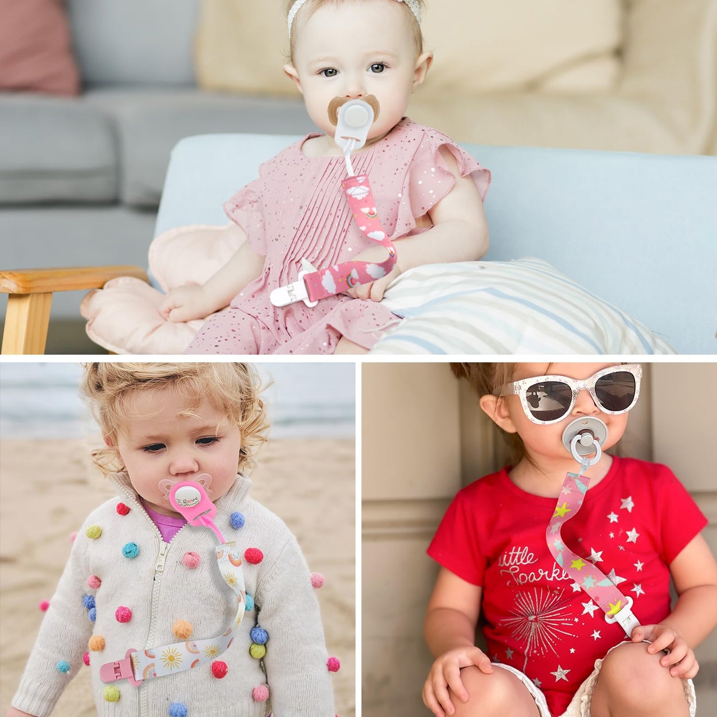 Suofuolef 4 Pack Schnullerkette Baby Mädchen, Baby Schnullerband Set mit Adaptern, Schnuller Clips für Neugeborenen Geburt & Taufe Geschenk, Rose